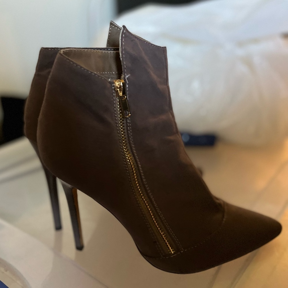 Gray suede Liliana booties.